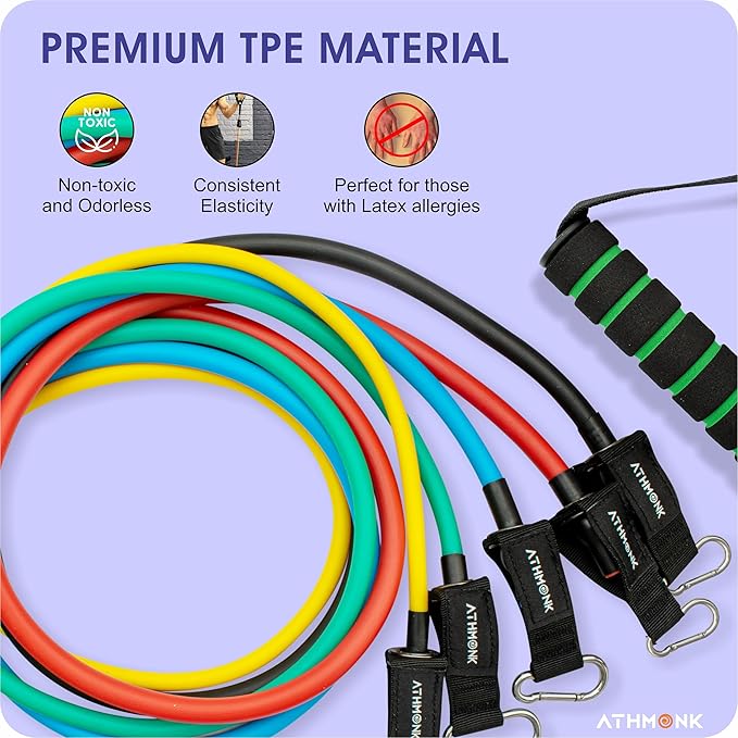 Athmonk Resistance Tube Band Set of 11 pcs - Resistance Bands for Men Women - with Toning Tubes, Door Anchor, Foam Handles, Ankle Straps, Workout Guide - 150 lbs